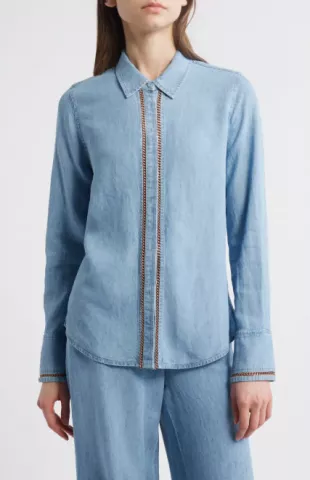 Chain Trim Denim Button Up Shirt