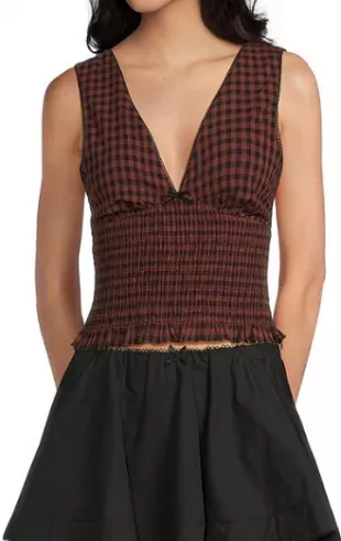 Bleu Checker Sleeveless V Neck Smocked Top