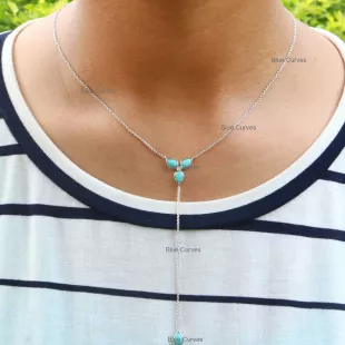 Pear Arizona Turquoise & Natural Diamond Lariat Chain Necklace