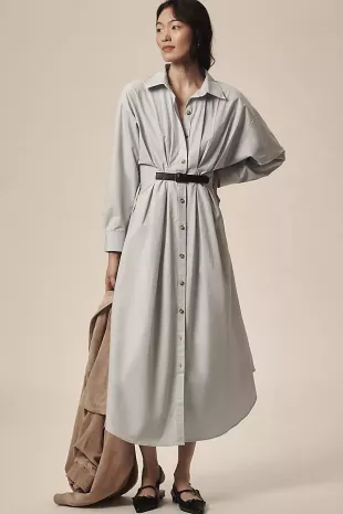 Pleated Buckle Midi Shirt Dress