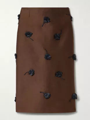 Embellished Appliquéd Duchesse-Satin Midi Skirt