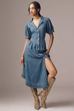 Short-Sleeve Denim Midi Shirt Dress