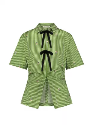 Embroidered Striped Cotton Bow Front Shirt