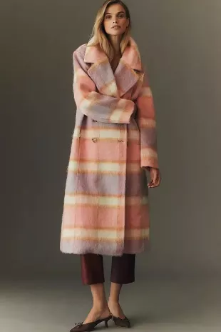 Wool Blend Plaid Long Coat