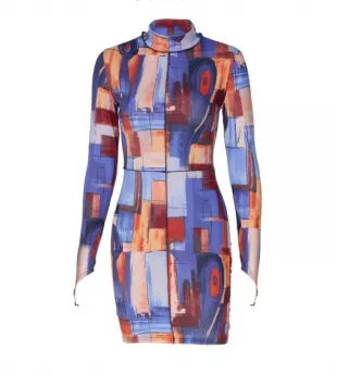 Print Long Sleeve High Neck Bodycon Party Club Slim Mini Dress