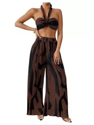 2 Piece Vacation Outfits Graphic Print Knitted Crop Halter Top and Wide Leg Pants Set