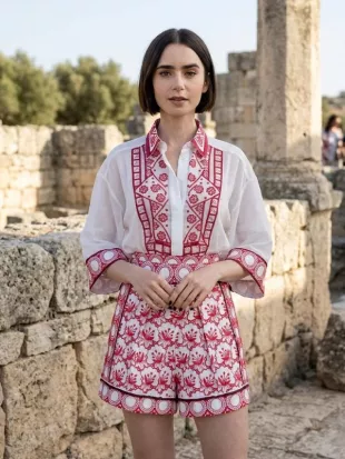 Emily In Paris S6 Lily Collins Red Printed Shorts
