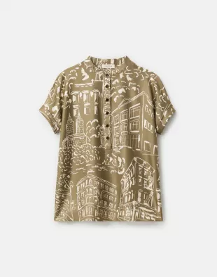 Landmarks Print Silk Twill Henley Blouse