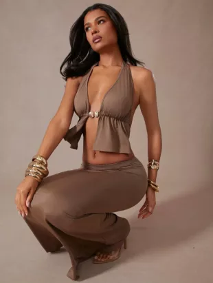 Hauture 2pcs Set Women's Solid Color High Slit Hem Halter Neck Crop Top And Maxi Skirt Sexy Set