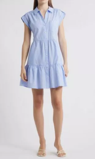 Stripe Tiered Cotton Blend Shirtdress