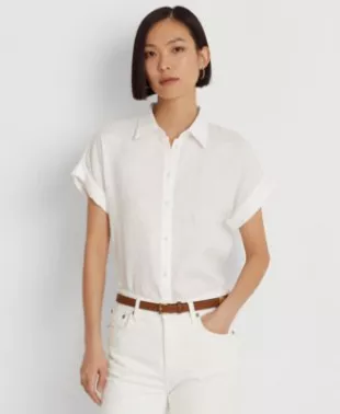 Linen Point Collar Short Dolman Sleeve Shirt