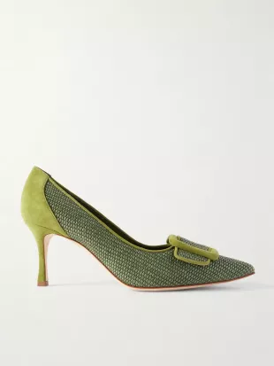 Manolo Blahnik Maysale 70 Buckle-embellished Suede-trimmed Woven Raffia Pumps