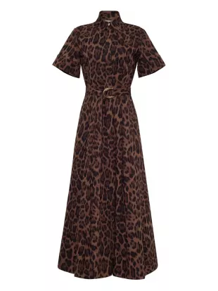 Leighton Leopard-Print Belted Midi Shirtdress