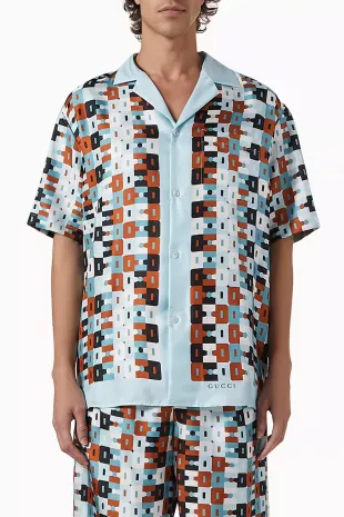Buy Gucci Blue Geometric Horsebit Camp Collar Shirt in Silk Twill for Men Online | Ounass Kuwait