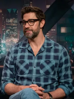 Press Junket John Krasinski Blue Plaid Shirt