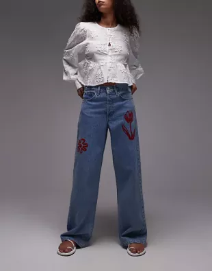 Topshop Embroidered Mid Rise Relaxed Straight Leg Jeans