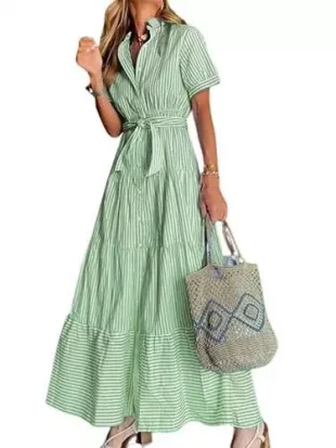 Casual Short Sleeve Button Down Tie Waist Ruffled Striped Maxi Shirt Dress
