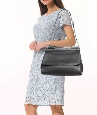 Black Leather Sicily Flap Top Handle Bag