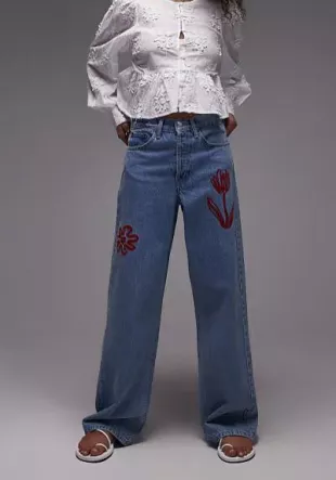Embroidered Mid Rise Relaxed Straight Leg Jeans