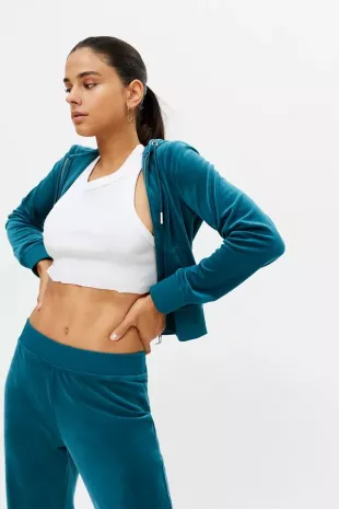 Velour Zip Up Jacket In Turquoise