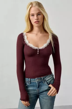 Diana Layering Lace-Trim Henley Top