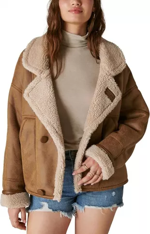 Women's Faux Shearling Moto Jacket, Cognac, XS