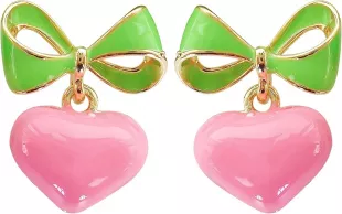Navachi 18k Gold Plated Bow Heart Candy Green Pink Enamel Womens Fashion Elegant Ear Stud Az1853e Earrings