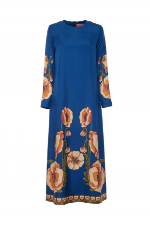 Long Sleeve Swing Dress in Poppies Blue Placee