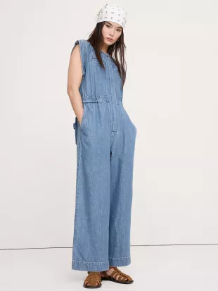 Denim Utility Jumpsuit in Light Wash