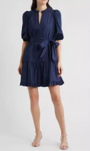 Embroidered Ruffle Tie Waist Dress