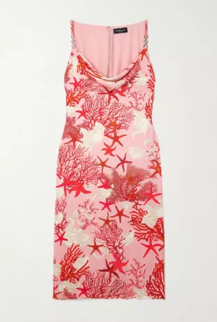 Embellished Printed Silk Satin Midi Dress