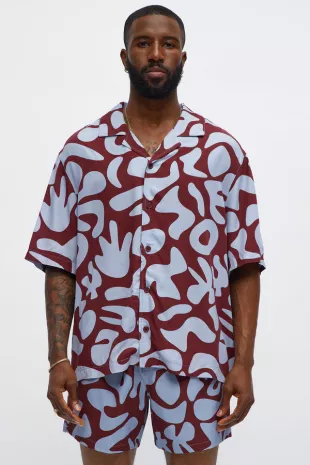 Relaxed Chateau Abstract Button Up Shirt  Burgundy