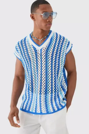 Boxy Oversized Open Stitch V Neck Stripe Sweater Vest