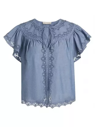 Effie Lace-Trim Cotton Flutter-Sleeve Top
