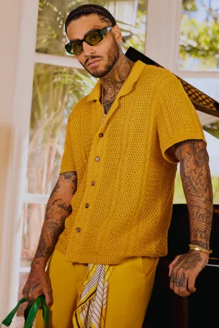 Unwind Cable Knit Short Sleeve Button Up