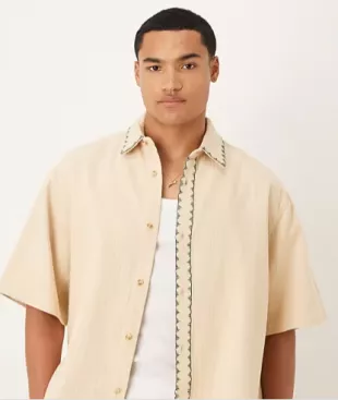 Textured Oversized Shirt With Whip Stitch Detailing in Stone