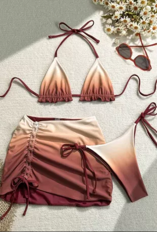 Soleia Bohemian ,Boho, Romantic Floral ,Vacation, Floral 3pcs Women Tie-Dye & Red Color Reversible Bikini Set