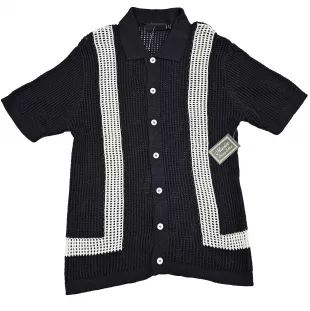 Edition Mens Sweater Black White Crochet Knit Shirt Button