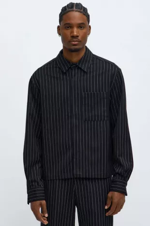 Cropped Striped Button Up Shirt - Black