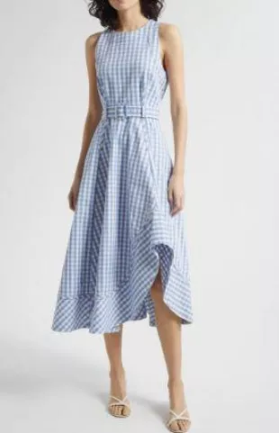 Zelda Gingham Belted Denim Midi Dress