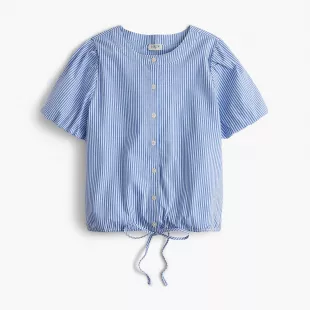 Striped Puff-sleeve Tie-waist Top