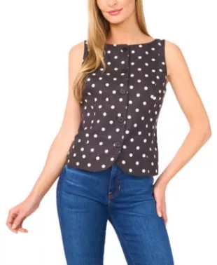 Boat-Neck Button-Down Polka Dot Top