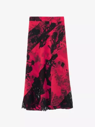 Floral Slashed Midi Skirt in Red Black