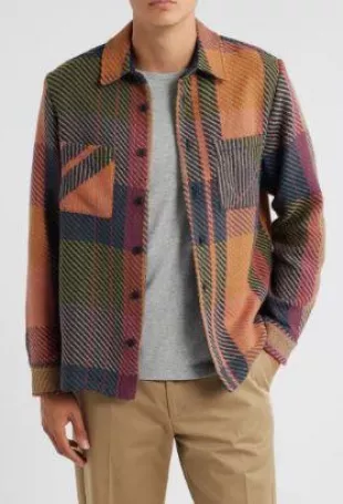 Whiting Tempo Exploded Plaid Cotton Blend Button-Up Overshirt