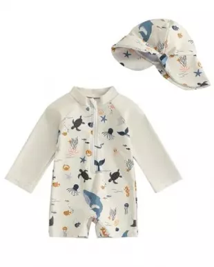 Baby Boy Rash Guard Swimsuit Set with Sun Hat