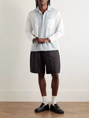 Camp-Collar Patchwork Striped Cotton-Poplin Shirt