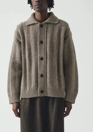 Stone Grey Aran Collared Wool Cardigan