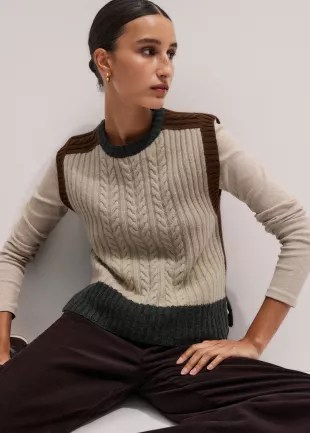 Brown Merino Cashmere Patched Cable Vest + Snood