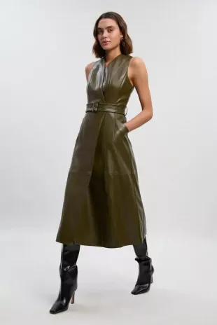 Faux Leather Belted Sleeveless Dress