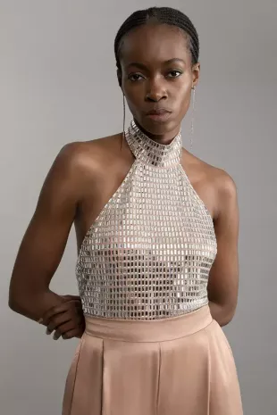 Premium Crystal Embellished Jersey Halter Top